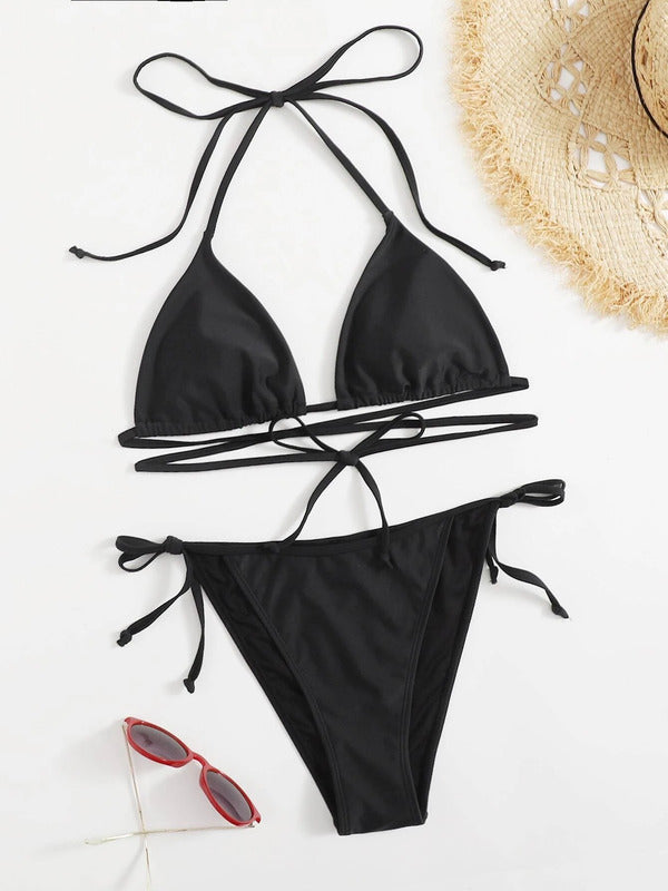 Mono Bikini Set Halter Wireless Triangle Bra & Tie Side Bottom 2 Piece Swimsuit