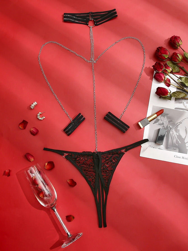 2pack Lace Crotchless Thong With Choker