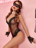 4pack Contrast Lace Dobby Mesh Teddy Bodysuit